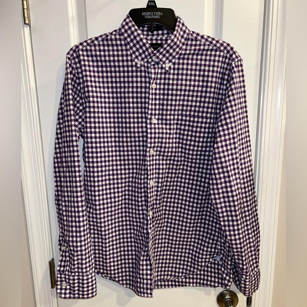 J. Crew Men’s Button Up Dress Shirt Long Sleeve Purple & White Plaid Size Medium